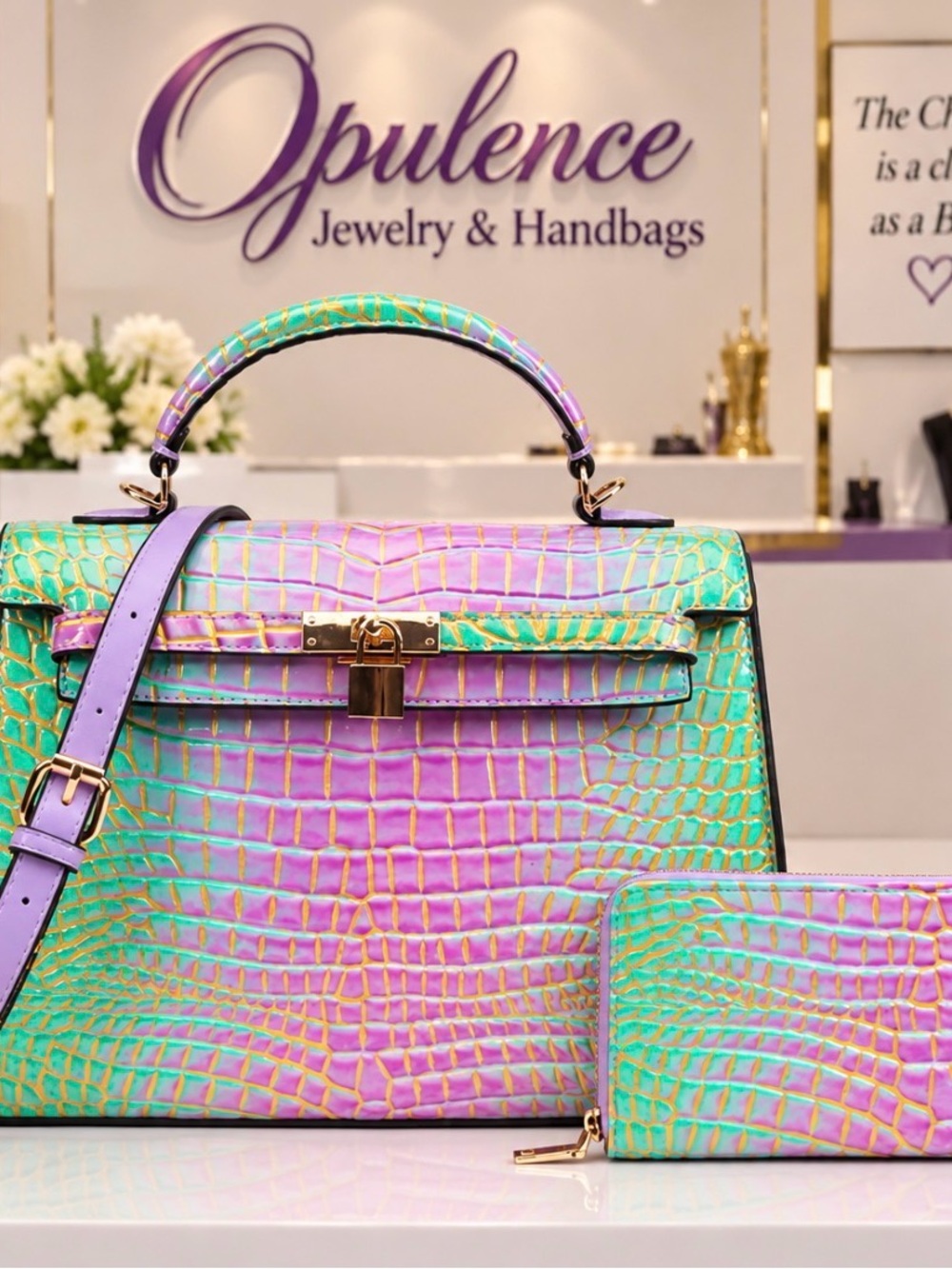 Iridescent Croc-Embossed Top-Handle Bag in Purple & Teal